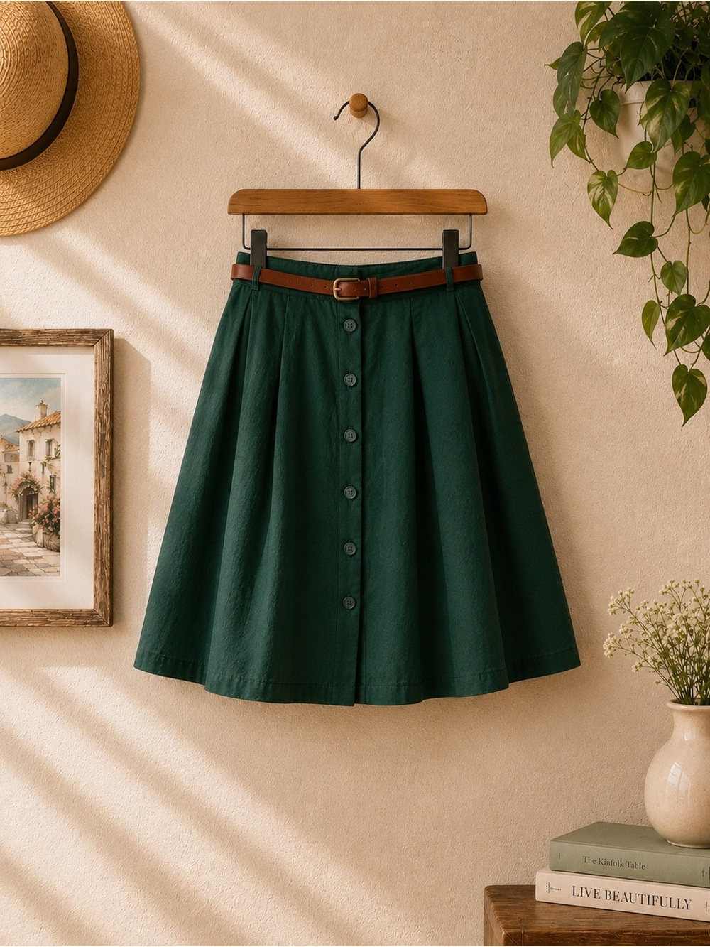 NWT High-Waist Button-Front Skater Skirt in Deep Green With Tan Belt Lined - Picture 3 of 8